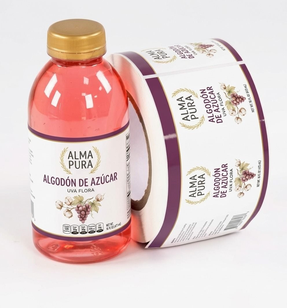Botella con etiqueta adhesiva y rollo de etiquetas