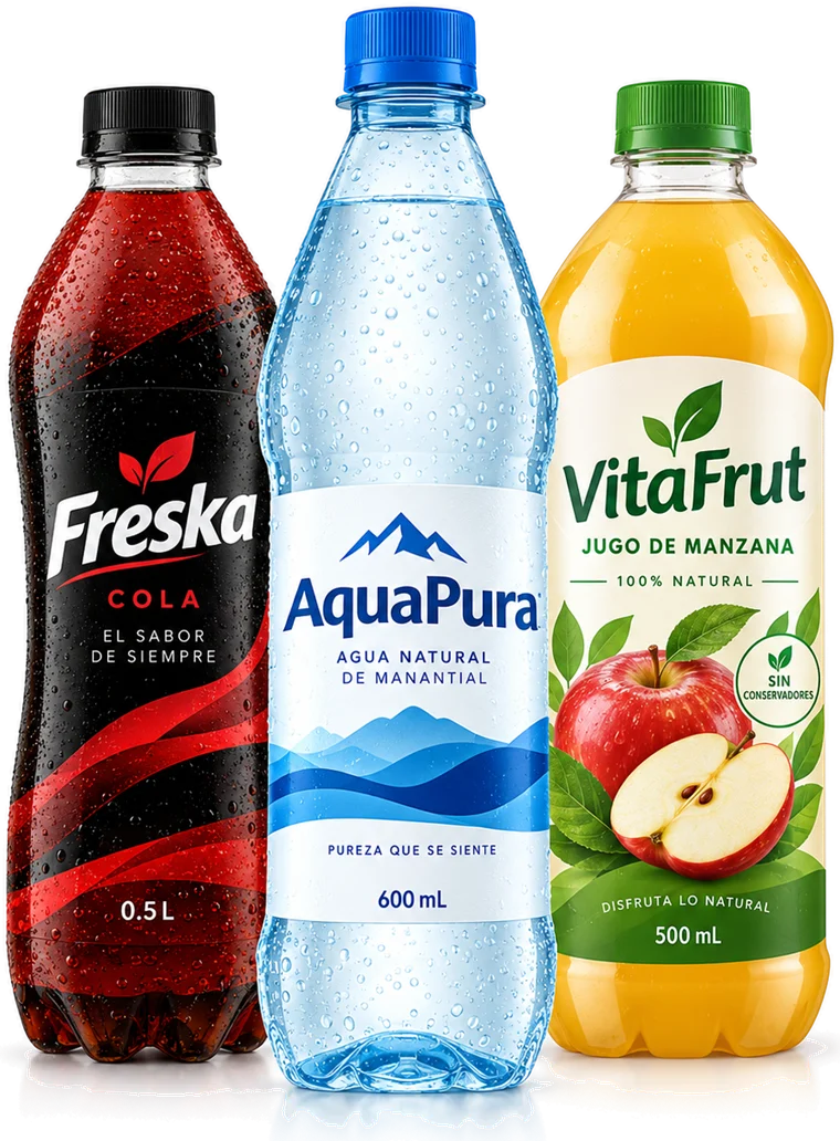 Botellas de refresco, agua y jugo etiquetadas