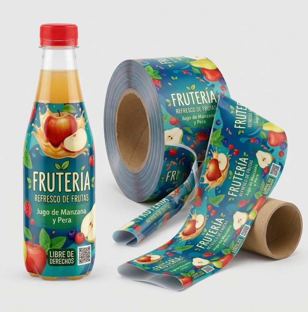 Botella con manga termoencogible y rollo de mangas impresas